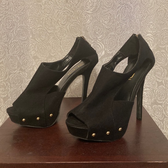 GLO Jeans Heels Black Vegan Suede Leather Platform Stilettos Size 7.5 - Picture 1 of 12